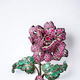 Emerald, Pink Sapphire, Silver Flower Brooch