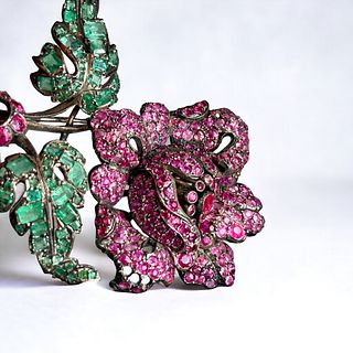 Emerald, Pink Sapphire, Silver Flower Brooch