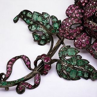 Emerald, Pink Sapphire, Silver Flower Brooch