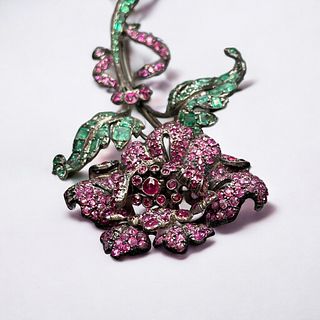 Emerald, Pink Sapphire, Silver Flower Brooch