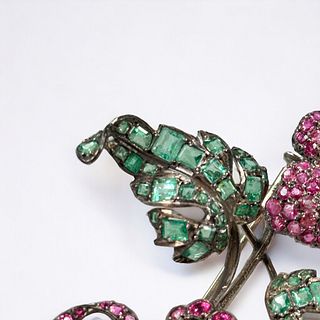 Emerald, Pink Sapphire, Silver Flower Brooch
