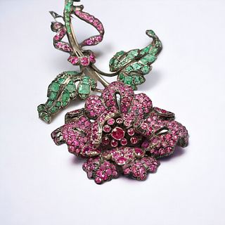 Emerald, Pink Sapphire, Silver Flower Brooch