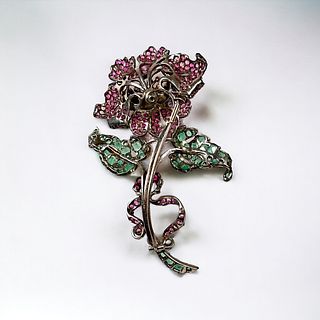 Emerald, Pink Sapphire, Silver Flower Brooch