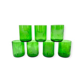 (Lot of 7) Late 20th Century Etched Children's Green Glassware