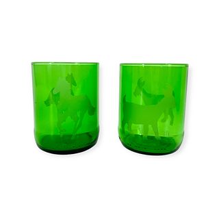 (Lot of 7) Late 20th Century Etched Children's Green Glassware