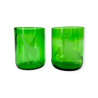 (Lot of 7) Late 20th Century Etched Children's Green Glassware