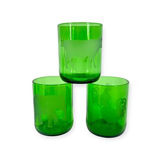 (Lot of 7) Late 20th Century Etched Children's Green Glassware