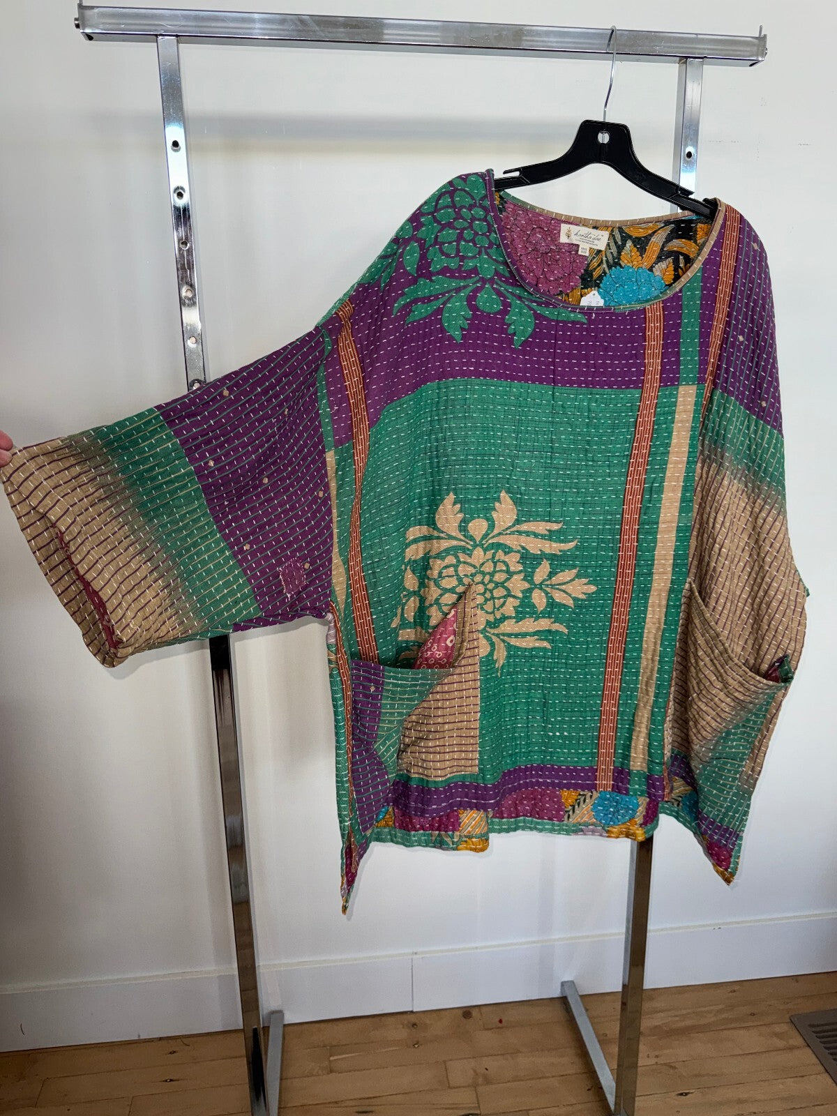 Green Floral Kantha Bae Long Sleeve Tunic, Free Size