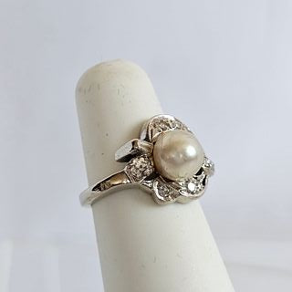 Cultured Pearl, Diamond, 14k White Gold Ring