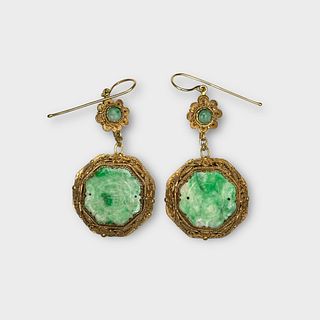 Pair of Chinese Export Jade, 14k, Silver Gilt Earrings