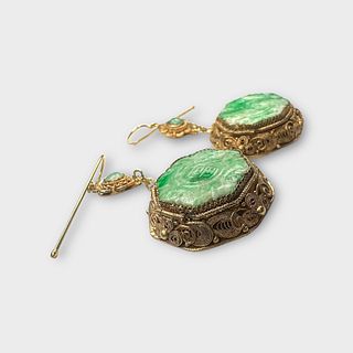 Pair of Chinese Export Jade, 14k, Silver Gilt Earrings