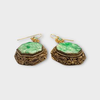 Pair of Chinese Export Jade, 14k, Silver Gilt Earrings