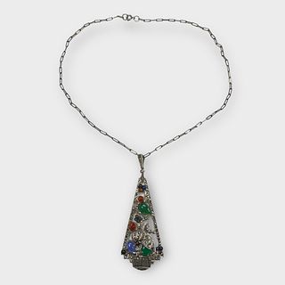 Art Deco Glass, Marcasite, Sterling Silver Jardinere Necklace