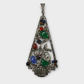 Art Deco Glass, Marcasite, Sterling Silver Jardinere Necklace