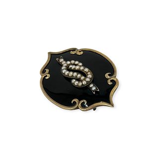 Victorian Seed Pearl, Enamel, 10k Mourning Pin