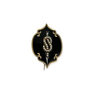 Victorian Seed Pearl, Enamel, 10k Mourning Pin