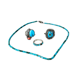 Group of 3 Turquoise and Silver Navajo Rings and Turquoise Necklace