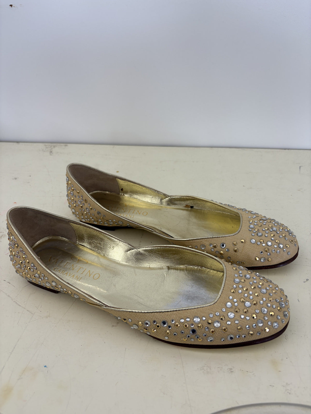 Valentino Garavani Beige and Rhinestone Flats, Size 39