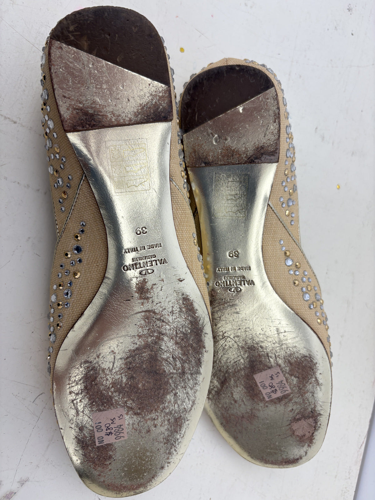Valentino Garavani Beige and Rhinestone Flats, Size 39