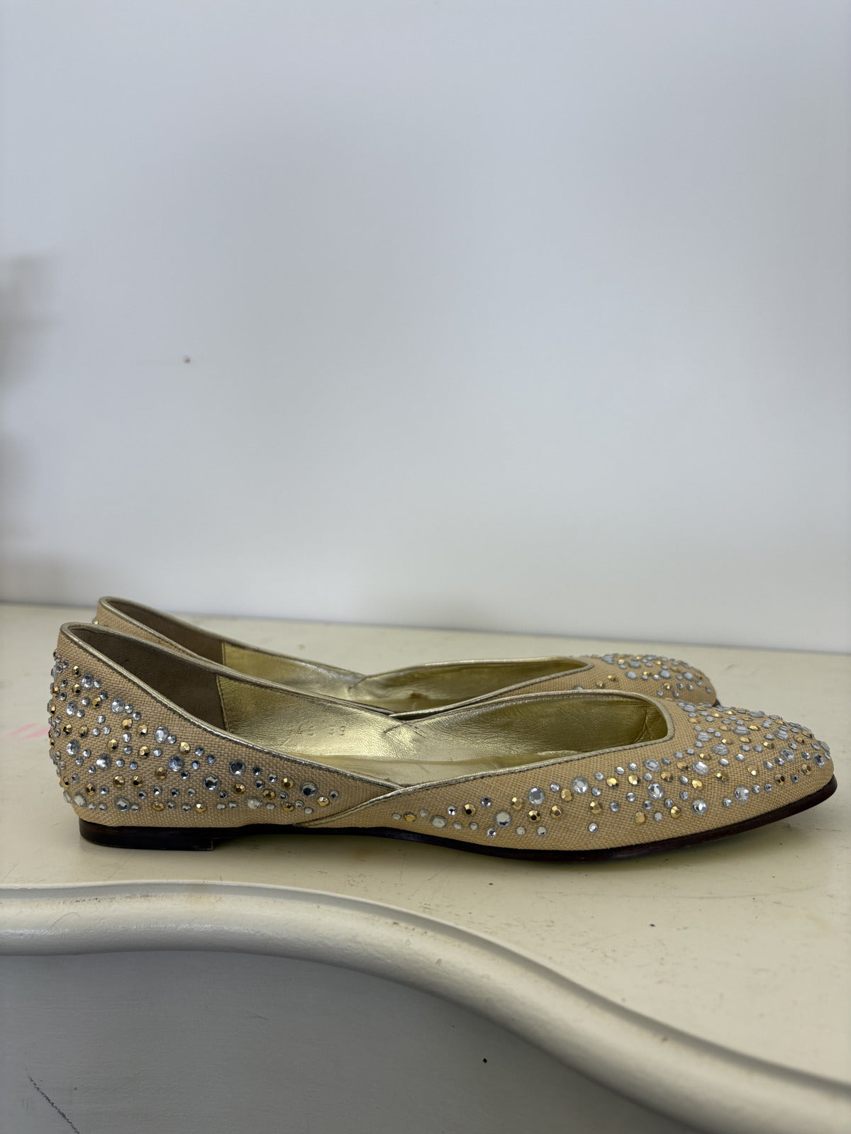 Valentino Garavani Beige and Rhinestone Flats, Size 39