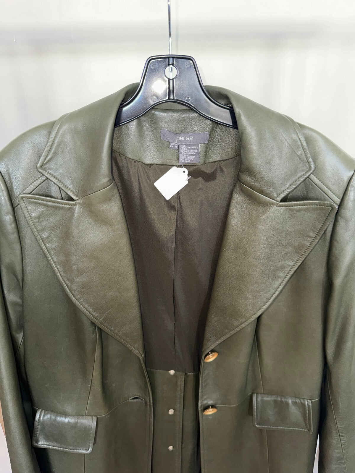 Per Se Green 100% Leather Duster Jacket, Size 14