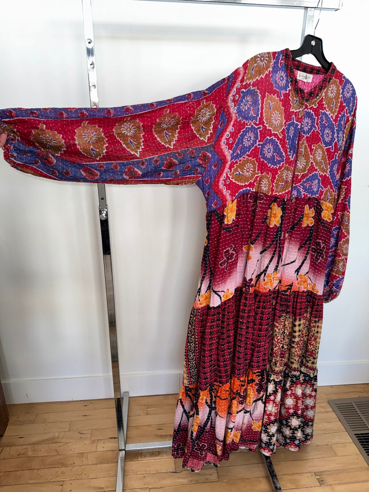 Kantha Bae Red Multipattern Tunic Long Sleeve Dress, Free Size