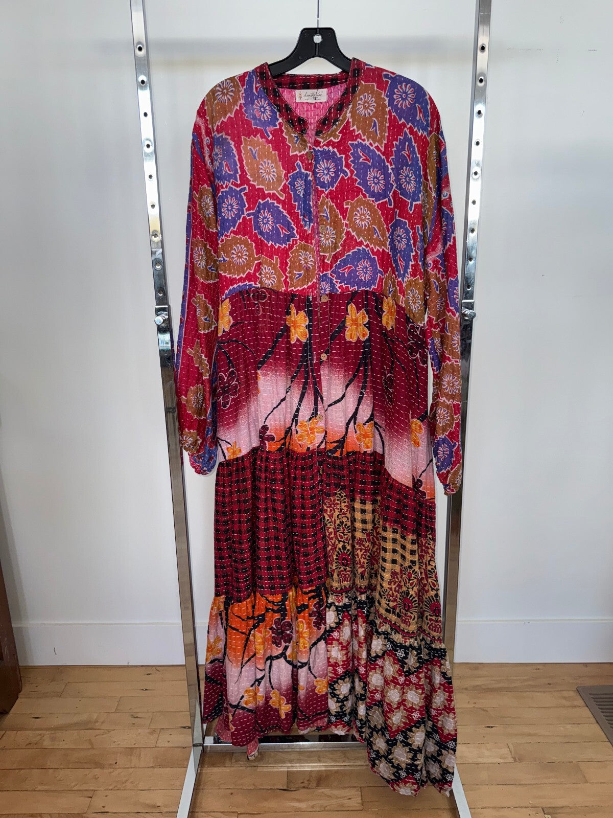Kantha Bae Red Multipattern Tunic Long Sleeve Dress, Free Size