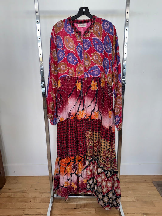 Kantha Bae Red Multipattern Tunic Long Sleeve Dress, Free Size