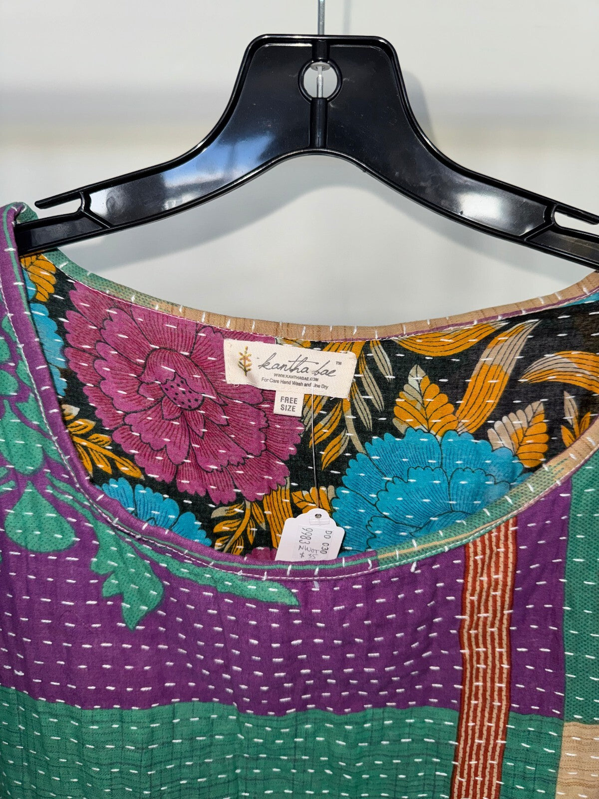 Green Floral Kantha Bae Long Sleeve Tunic, Free Size