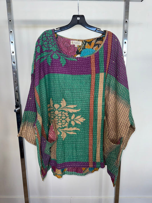 Green Floral Kantha Bae Long Sleeve Tunic, Free Size