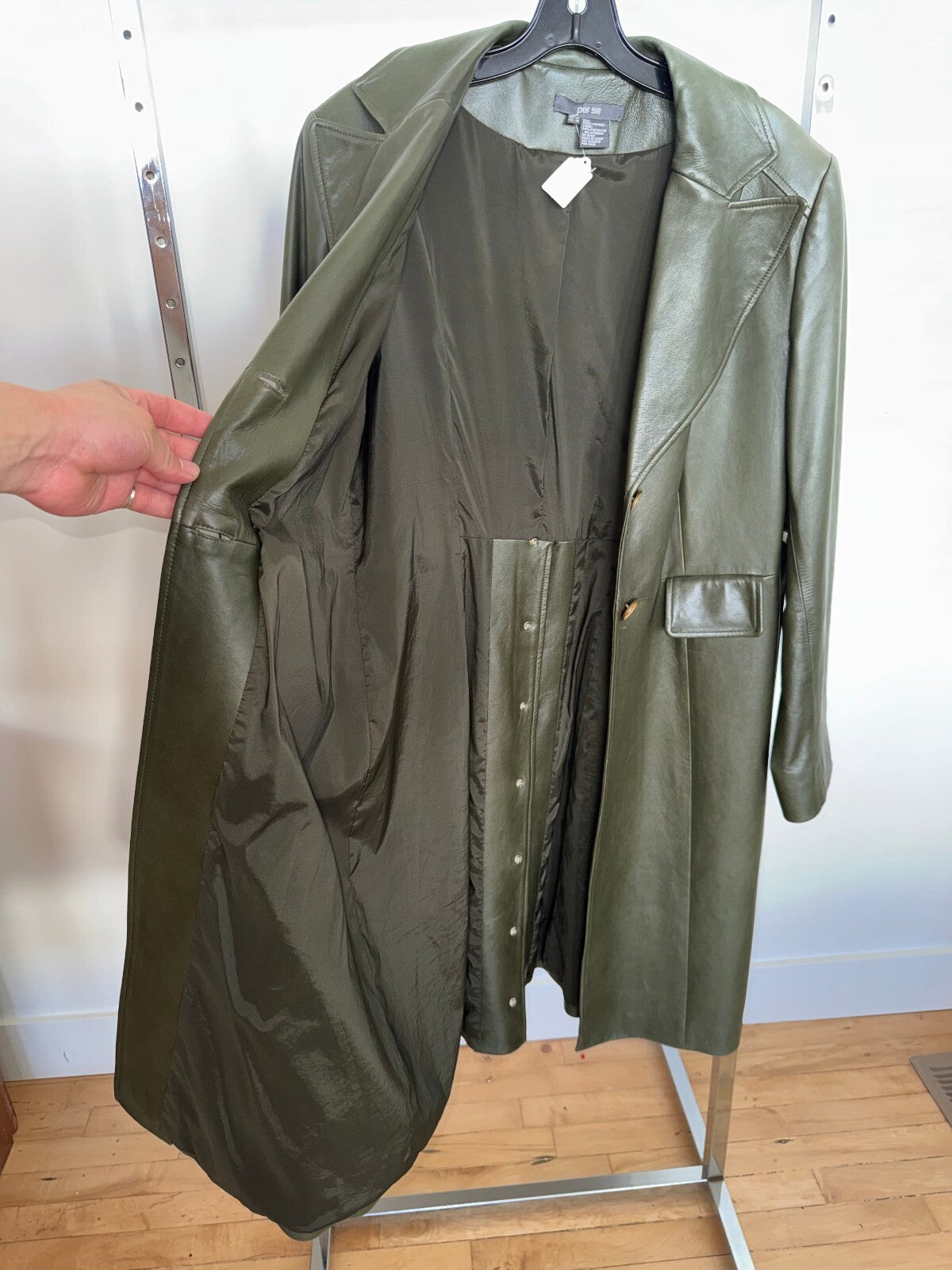 Per Se Green 100% Leather Duster Jacket, Size 14